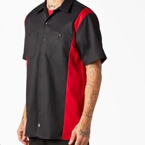Dickies Men's Casual Black and Red Button Down Shirt